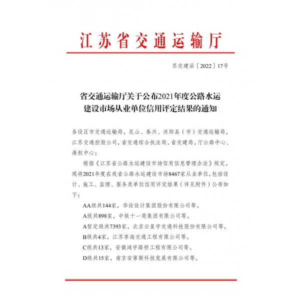 海建公司连续两年获评江苏省公路水运建设市场 “AA”企业并进入“红名单”